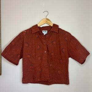 Future Collective Reese Blutstein Rust Eyelet Cropped Shirt Medium